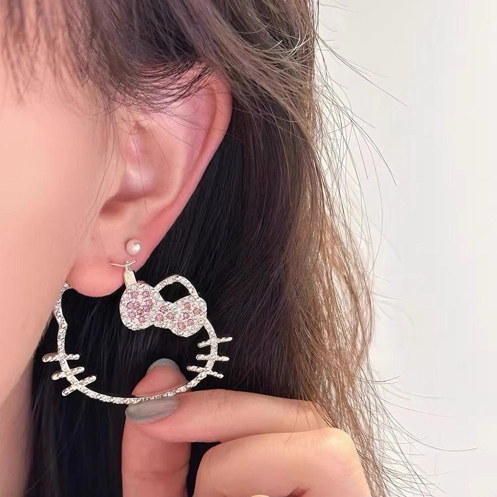 爆閃銀色滿鑽kitty耳圈女誇張個性可愛kt貓耳環小眾復古耳夾耳飾